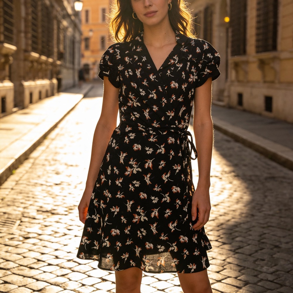 Juicy Couture Navy Floral Wrap Dress XS Short Sleeve V-Neck Mini A-Line  Y2K